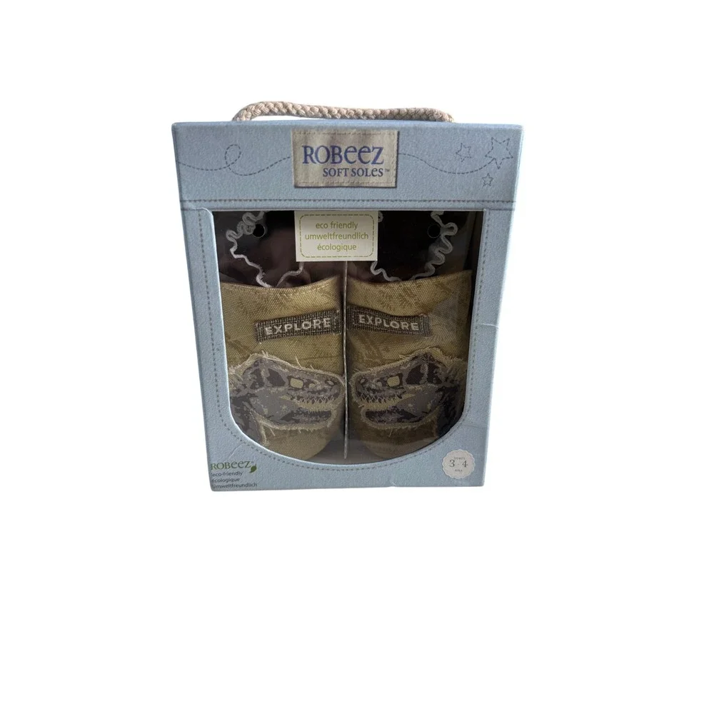 Robeez Boys Organic Dig Cream Dinosaur Soft Sole Shoes Toddler Size 3-4 Yr w/box